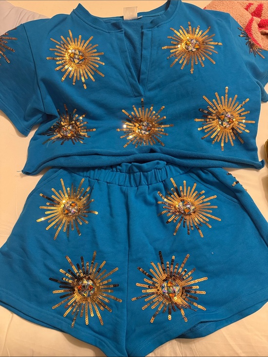 QUEEN OF SPARKLES Other - QUEEN OF SPARKLES Blue Two-Piece Sequin Sunburst Set